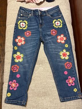 2-Mini Boden Navy Straight Jeans and shorts with Multicolor Floral Embroidery